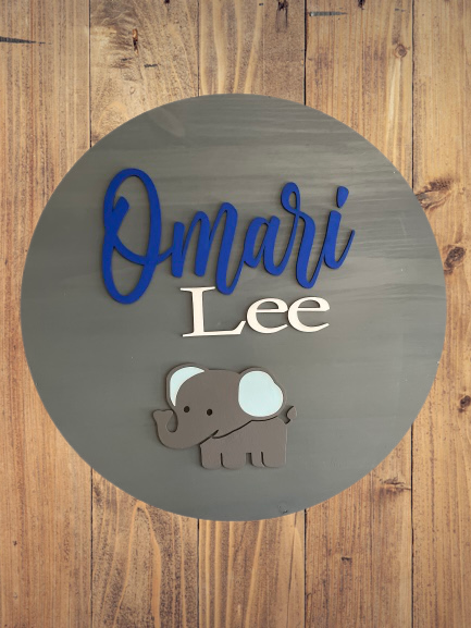 Baby Elephant Custom Nursery/Room Baby Name Round Sign