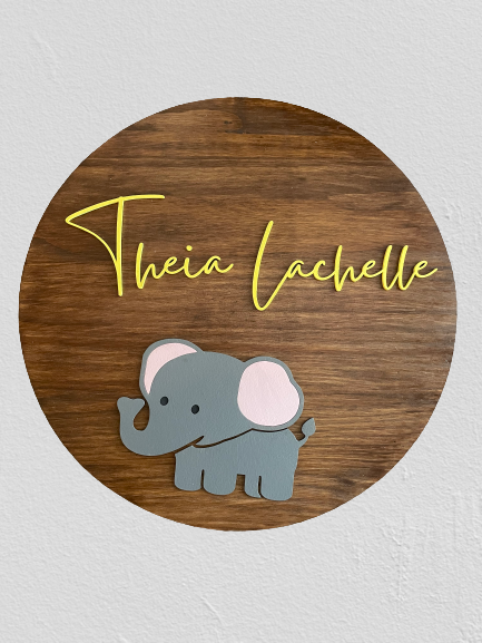 Baby Elephant Custom Nursery/Room Baby Name Round Sign